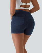 High-Waist Crossover Back Denim Shorts with Side Pockets 3”